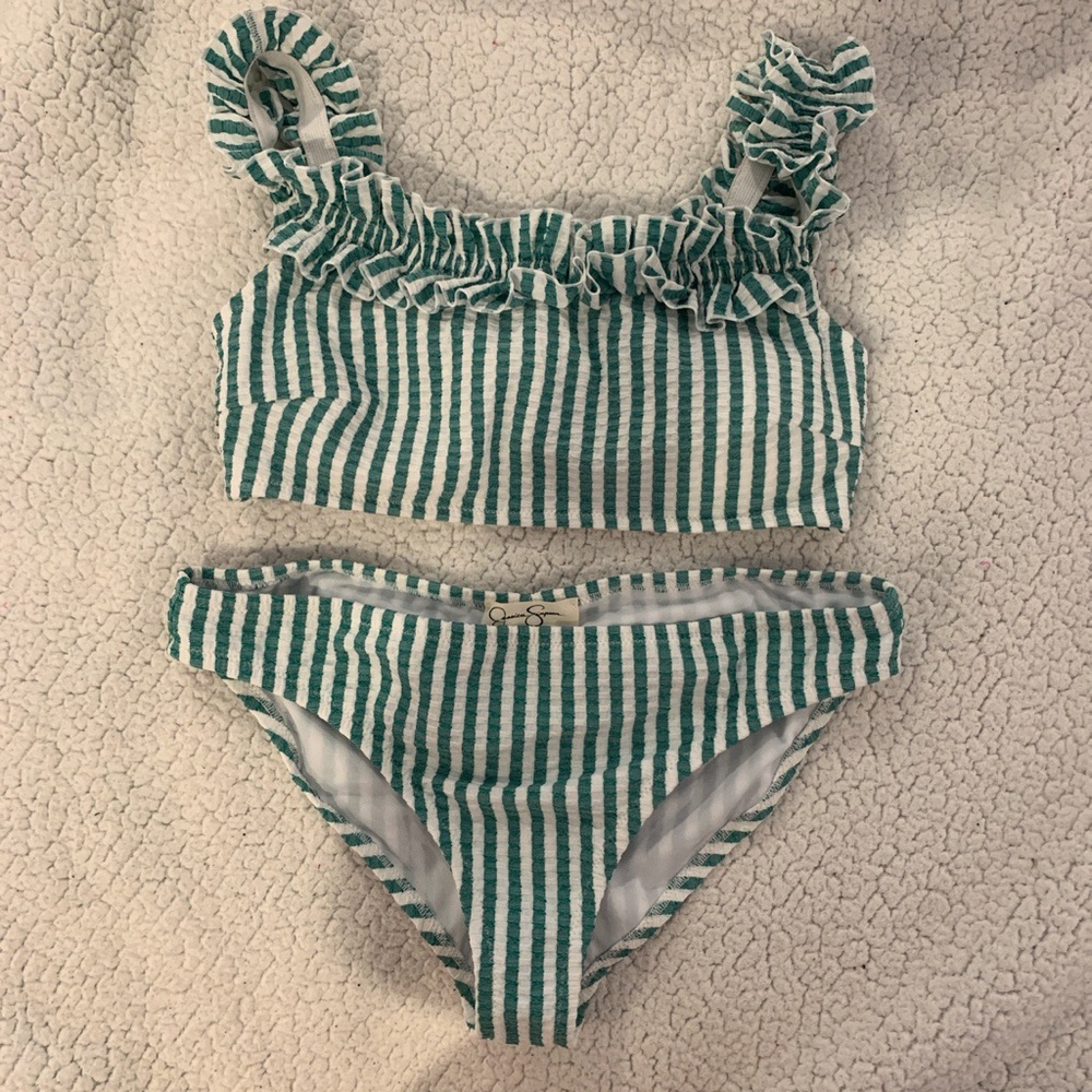 Green and white stripped bikini with cute ruffles